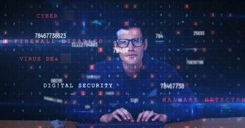 Image of scientific data processing over caucasian man using computer Stockfoto's