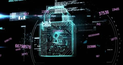 Image of scientific data processing over padlock icon on black background Stock Photos