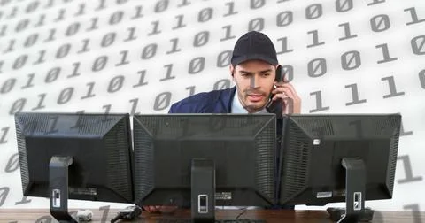 Image of scientific data processing over caucasian man using computer on white Foto stock