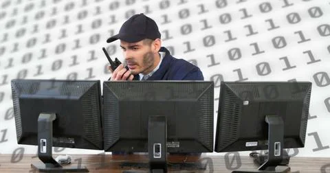 Image of scientific data processing over caucasian man using computer on white Stock Photos