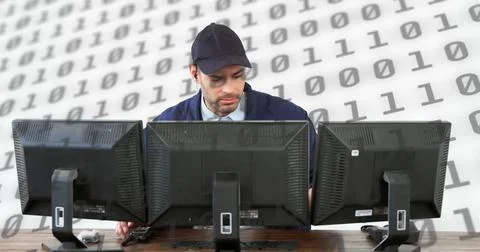 Image of scientific data processing over caucasian man using computer on white 库存照片