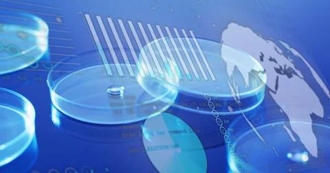 Image of scientific data processing over laboratory dishes on blue background 스톡 사진