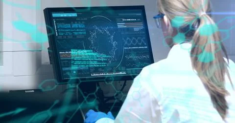 Image of scientific data processing over caucasian female scientist using Foto stock