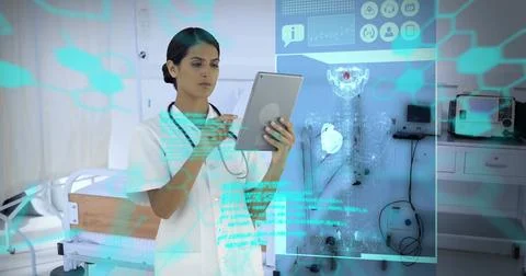 Image of scientific data processing over biracial female doctor using tablet 写真素材