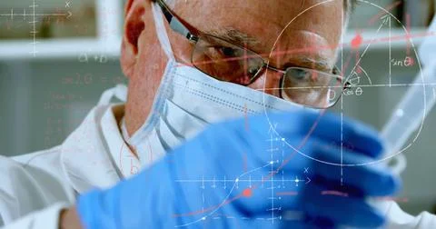 Image of scientific data processing over caucasian male scientist 스톡 사진