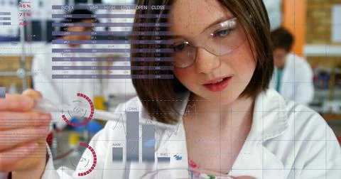 Image of scientific data processing over caucasian female scientist Foto stock