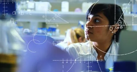 Image of scientific data processing over biracial female scientist Stock Photos