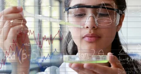 Image of scientific data processing over biracial female scientist Foto stock