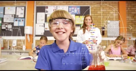 Image of scientific data processing over caucasian boy in laboratory 스톡 사진