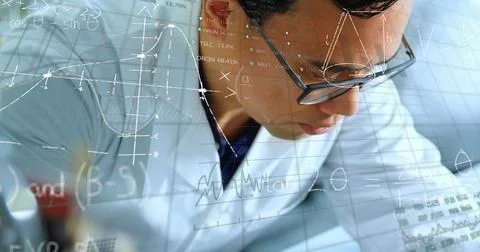 Image of scientific data processing over asian male scientist Foto stock