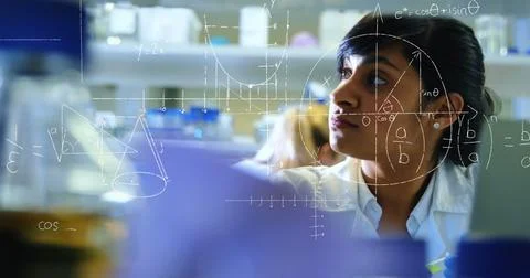 Image of scientific data processing over biracial female scientist Stock Photos
