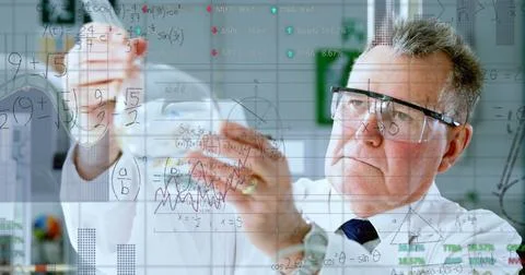 Image of scientific data processing over caucasian male scientist Stock Photos