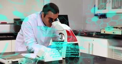 Image of scientific data processing over biracial male scientist with microscope Stock Photos
