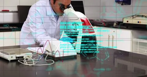 Image of scientific data processing over biracial male scientist with microscope Stock Photos