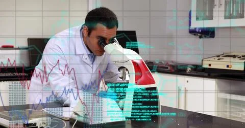 Image of scientific data processing over biracial male scientist with microscope Foto stock