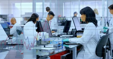 Image of scientific data processing over diverse scientists in laboratory Stock Photos