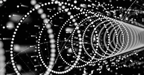 Image of scientific data processing over dna strand on black background Stock Photos