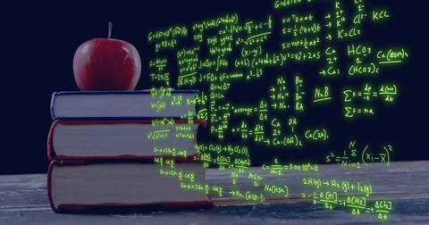Image of scientific data processing over apple on stack of books Stock Photos