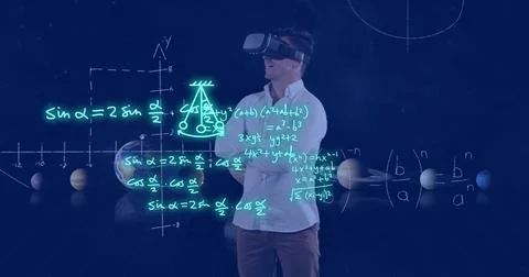 Image of scientific data processing over caucasian man in vr headset Foto stock