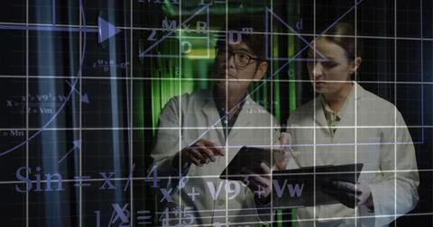 Image of scientific data processing over diverse it technicians by servers Stock Photos