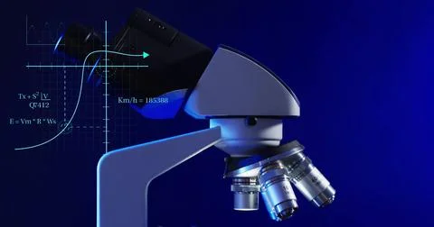 Image of scientific data processing over microscope in laboratory Foto stock