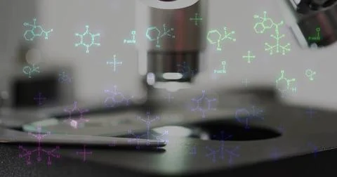 Image of scientific data processing over microscope in laboratory Stock Photos