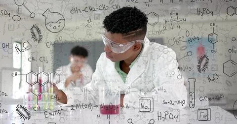 Image of scientific data processing over diverse students in laboratory Stock Photos