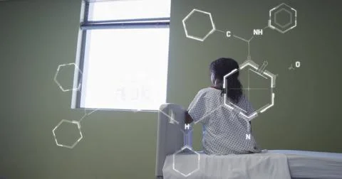 Image of scientific data processing over biracial woman in hospital bed Stock Photos