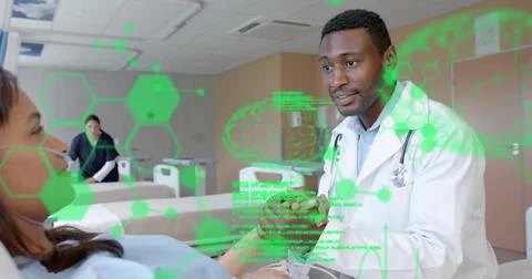 Image of scientific data processing over african american male doctor with Stock Photos