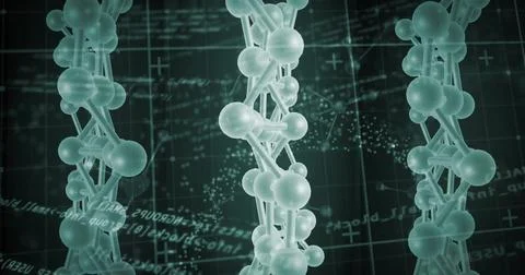 Image of scientific data processing over dna strands on dark background Stock Photos
