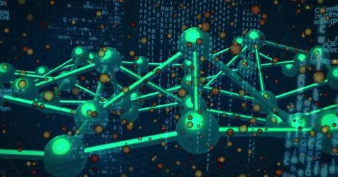 Image of scientific data processing over dna strand on dark background 스톡 사진