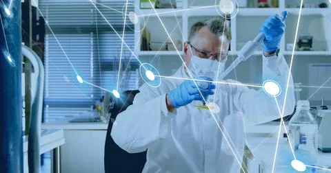 Image of scientific data processing over caucasian male scientist in laboratory Stock Photos