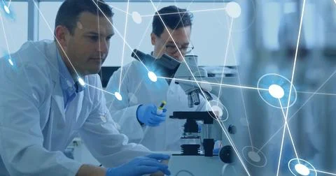Image of scientific data processing over diverse scientists in laboratory Stock Photos