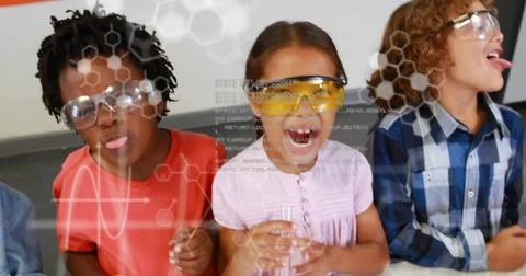 Image of scientific data processing over diverse schoolchildren in laboratory Stock Photos