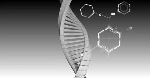 Image of scientific data processing over dna strand Foto stock