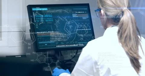 Image of scientific data processing over caucasian female scientist using Photos