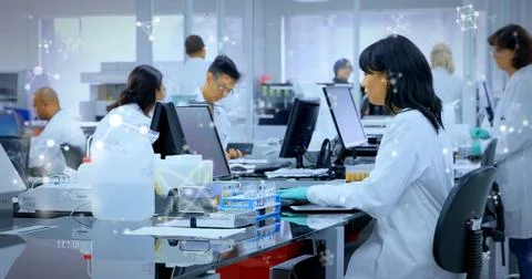 Image of scientific data processing over diverse scientists in laboratory Stock Photos