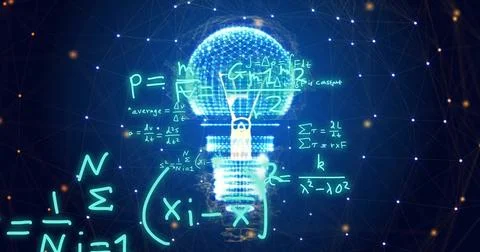 Image of scientific data processing over lightbulb on black background Foto stock