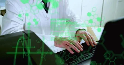 Image of scientific data processing over caucasian male scientist in laboratory Stock Photos