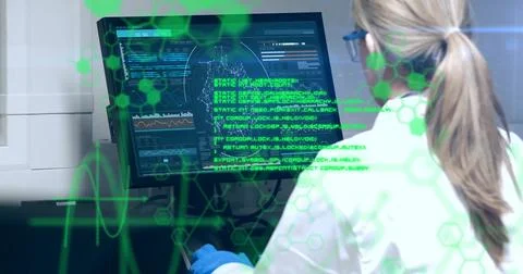 Image of scientific data processing over caucasian female scientist using Photos