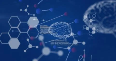 Image of scientific data processing over dna strand and human brains Foto stock