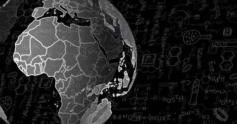 Image of scientific data processing over globe on black background Stockfoto's