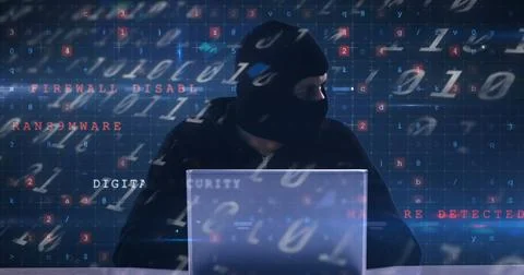 Image of scientific data processing over caucasian man using laptop Stock Photos