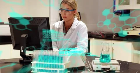 Image of scientific data processing over female scientist using computer 库存照片