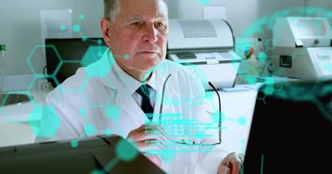 Image of scientific data processing over male scientist using computer 스톡 사진