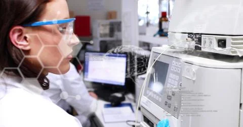 Image of scientific data processing over female scientist using computer 스톡 사진