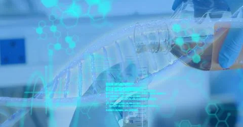 Image of scientific data processing over dna strand spinning Foto stock