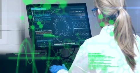 Image of scientific data processing over female scientist using computer 스톡 사진