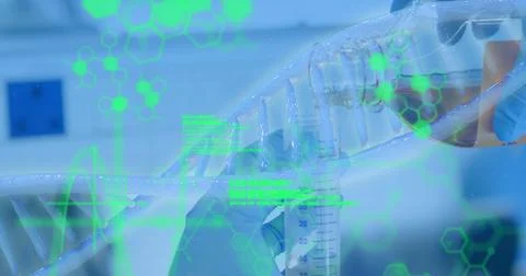 Image of scientific data processing over dna strand spinning Foto stock