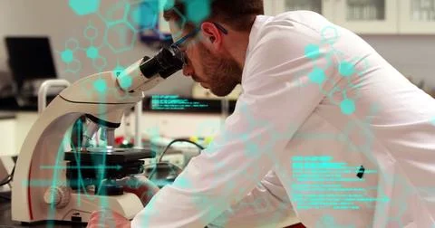 Image of scientific data processing over male scientist using microscope Stock Photos